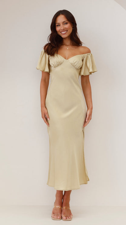 Women's Wedding Guest Off Shoulder Midi Dress With Slit