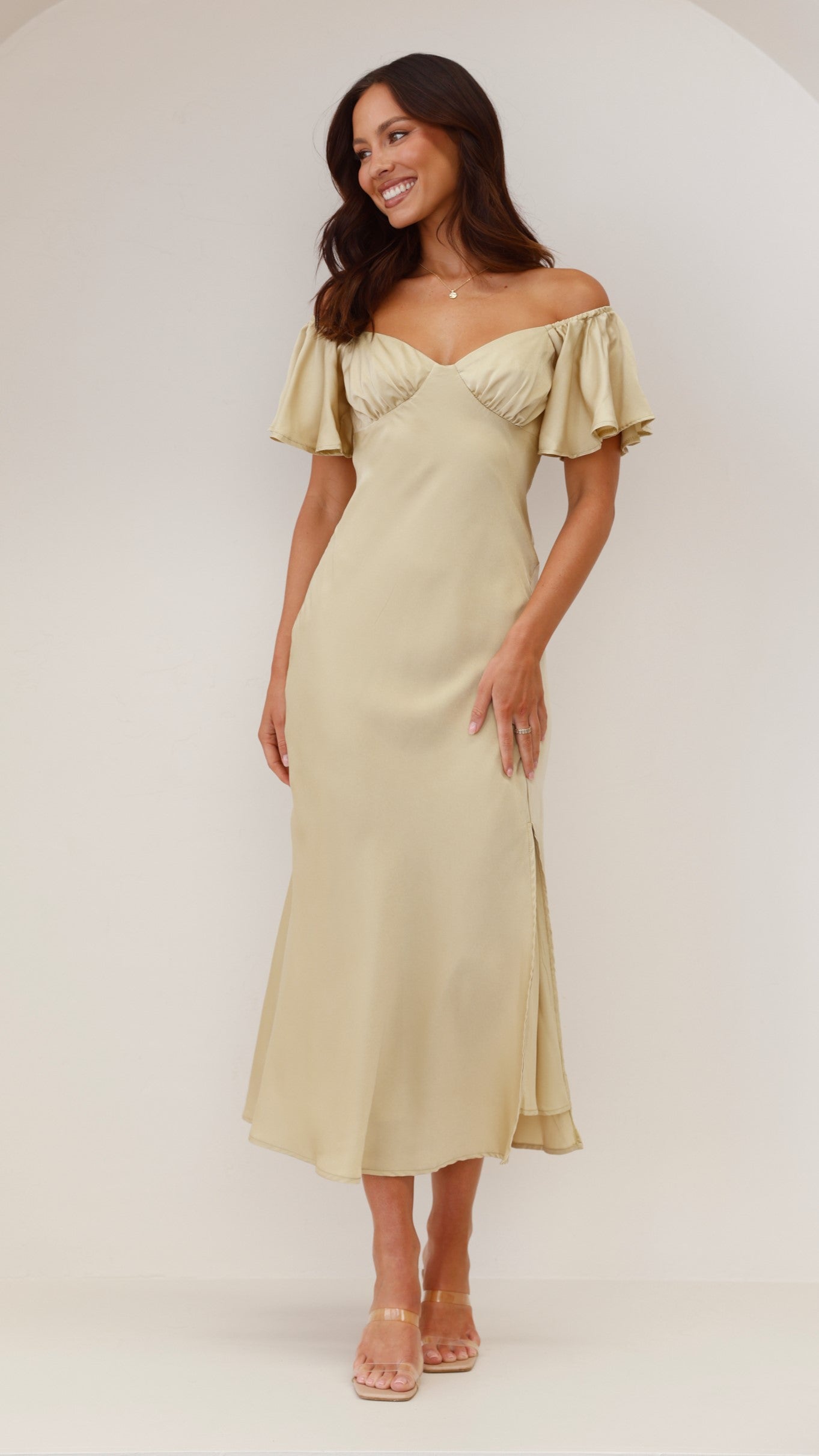 Women's Wedding Guest Off Shoulder Midi Dress With Slit