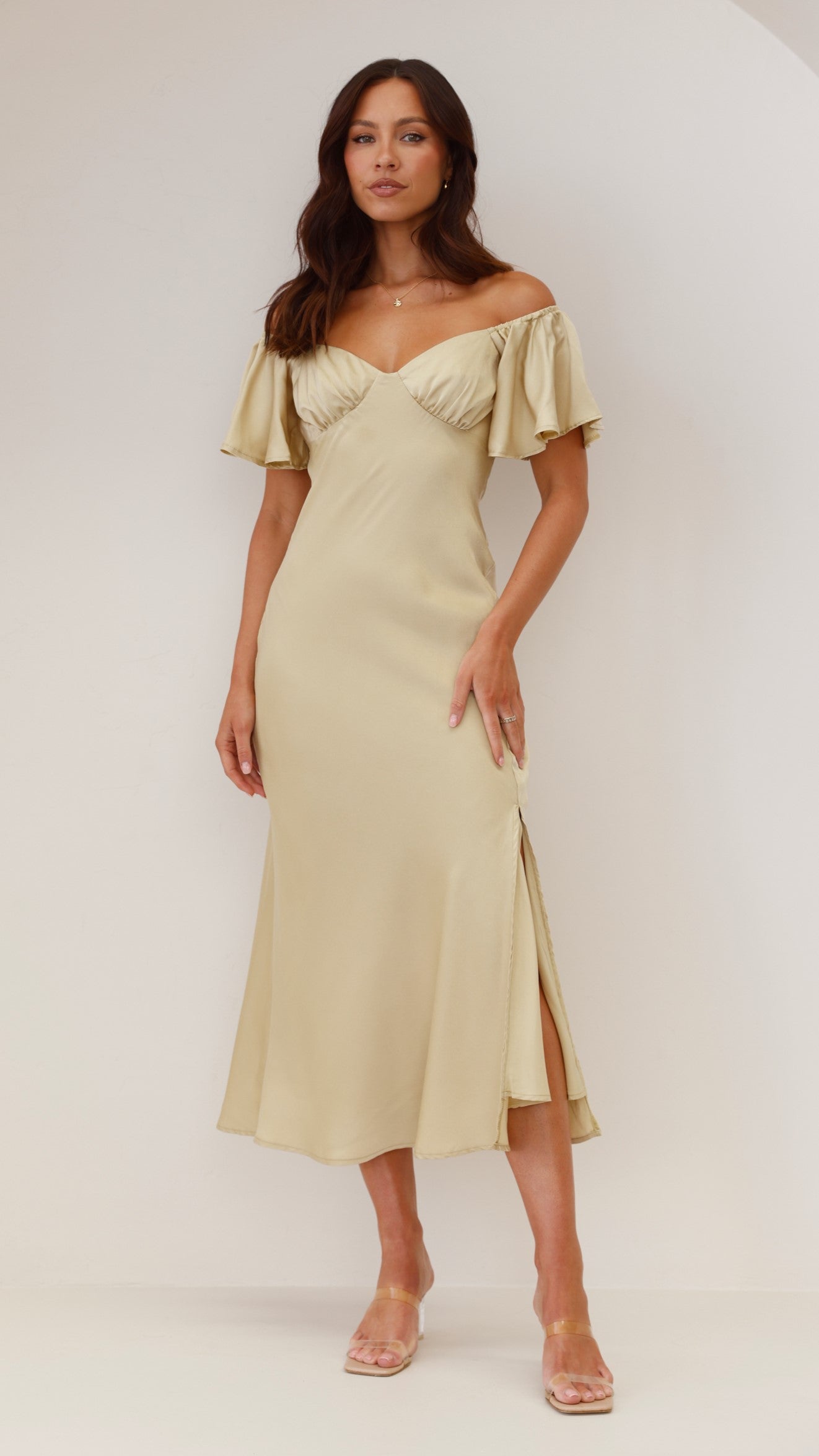 Women's Wedding Guest Off Shoulder Midi Dress With Slit
