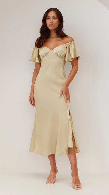 Women's Wedding Guest Off Shoulder Midi Dress With Slit