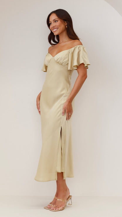 Women's Wedding Guest Off Shoulder Midi Dress With Slit