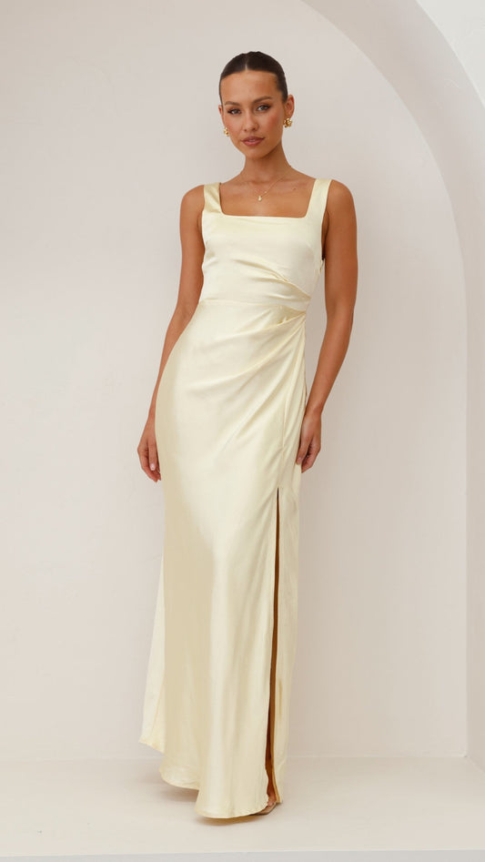 Women's Wedding Guest Square Neck Satin Maxi Dress