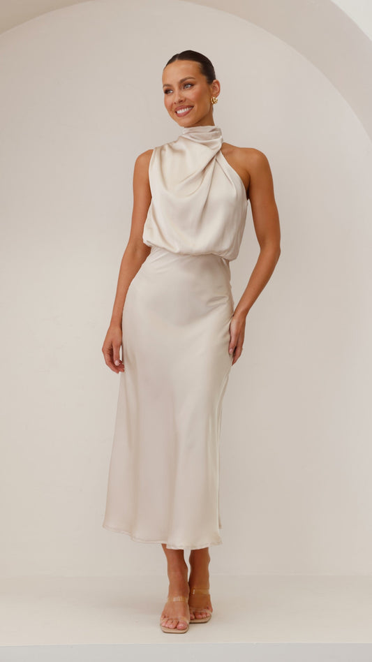 Women's Wedding Guest High Neck Satin Maxi Dress