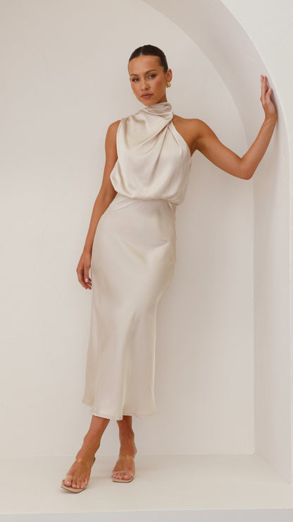 Women's Wedding Guest High Neck Satin Maxi Dress