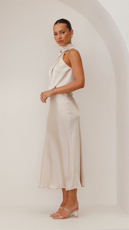 Women's Wedding Guest High Neck Satin Maxi Dress