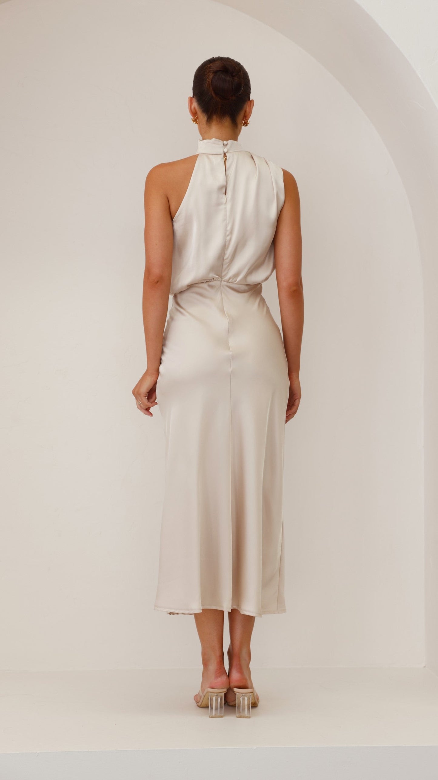 Women's Wedding Guest High Neck Satin Maxi Dress