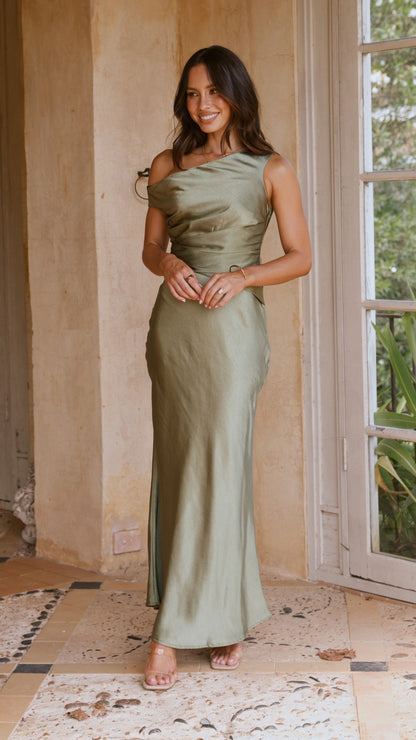 Women's Wedding Guest One Shoulder Satin Maxi Dress
