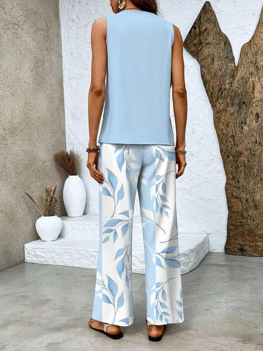 Women's Vacation Sleeveless Blouse and Wide Leg Pants Set