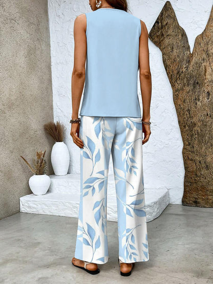 Women's Vacation Sleeveless Blouse and Wide Leg Pants Set