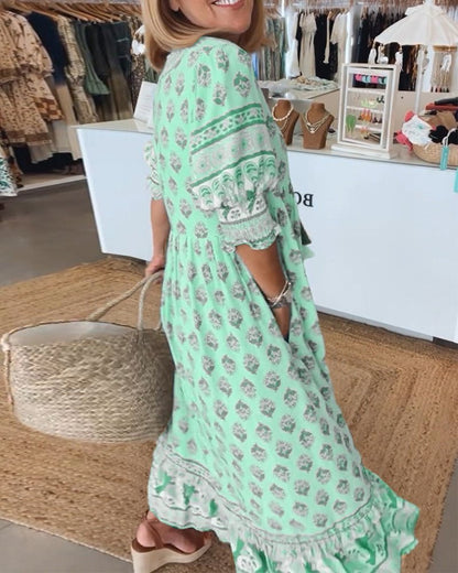 Women's Summer Floral V Neck Maxi Dress with Tassel Tie