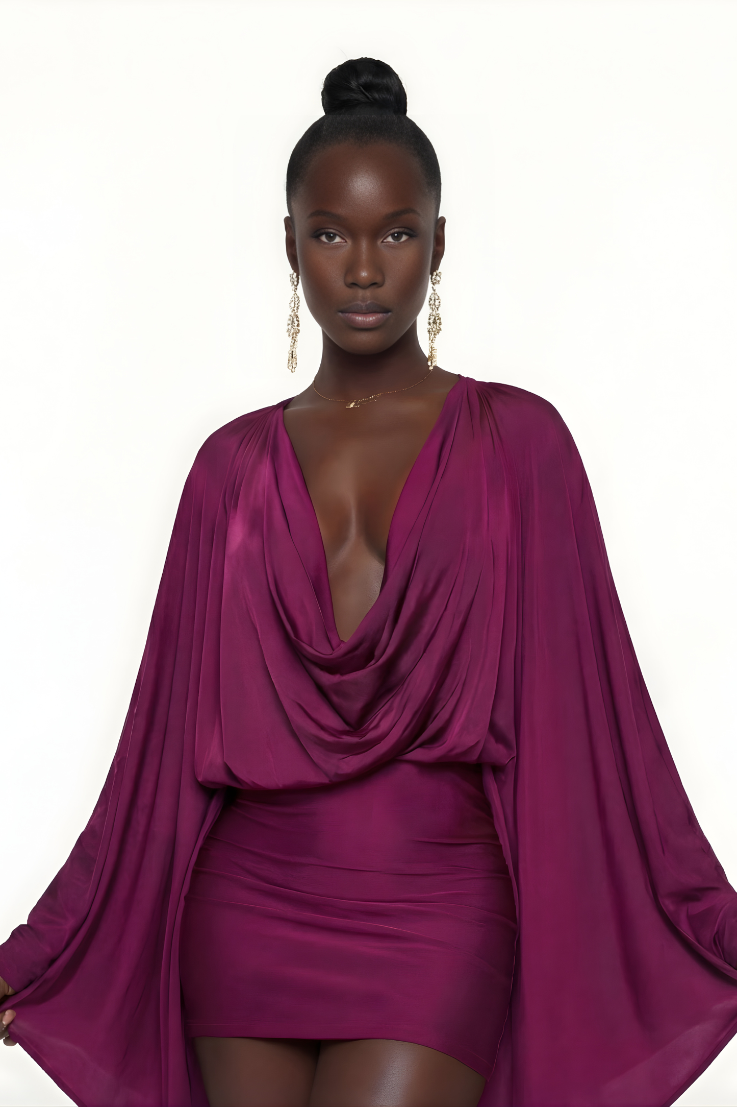 Women's Cocktail Mini Draped Cowl Neck Batwing Dress