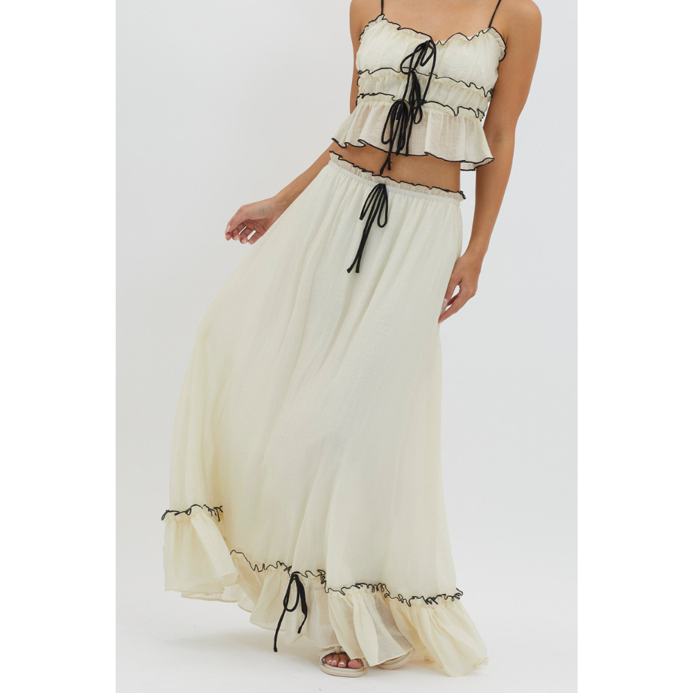 Women's Summer Ruffle Maxi Skirt Set Lace Up Cami