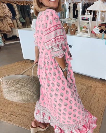 Women's Summer Floral V Neck Maxi Dress with Tassel Tie
