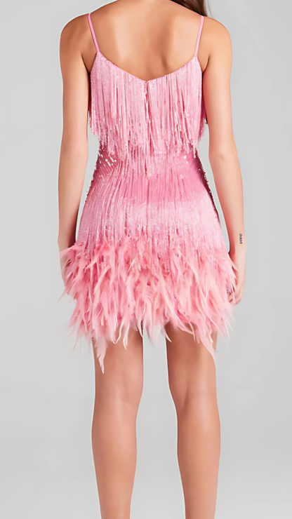 Women's Cocktail Sequin Fringe V Neck Mini Dress
