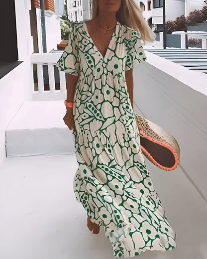Women's Summer Floral V Neck Flutter Sleeve Maxi Dress