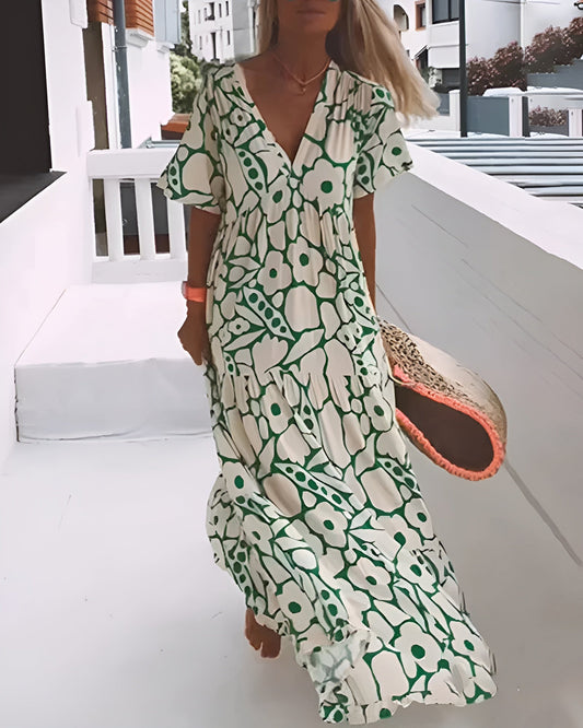 Women's Summer Floral V Neck Flutter Sleeve Maxi Dress