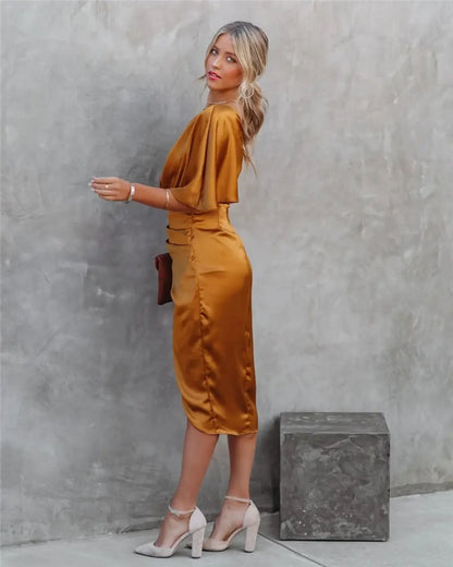 Women's Cocktail One Shoulder Draped Midi Dress With Slit