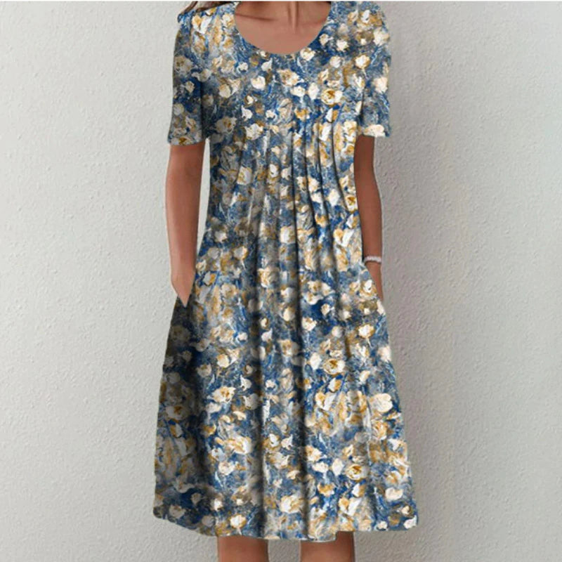 Women's Summer Floral Scoop Neck Midi Dress With Pockets