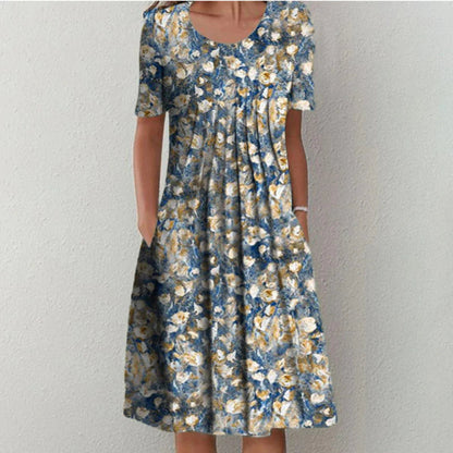Women's Summer Floral Scoop Neck Midi Dress With Pockets