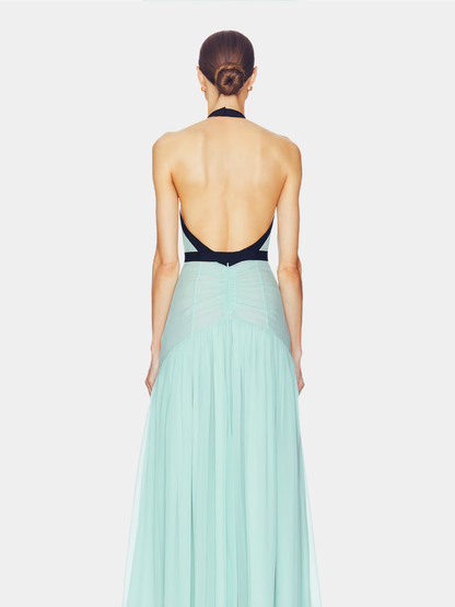 Women's Wedding Guest Halter Maxi Dress with Open Back
