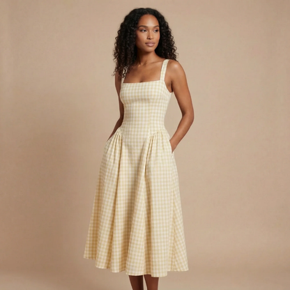 Women's Wedding Guest Gingham Square Neck Midi Dress
