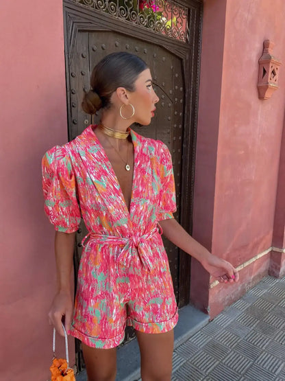 Women's Summer Printed V Neck Puff Sleeve Romper