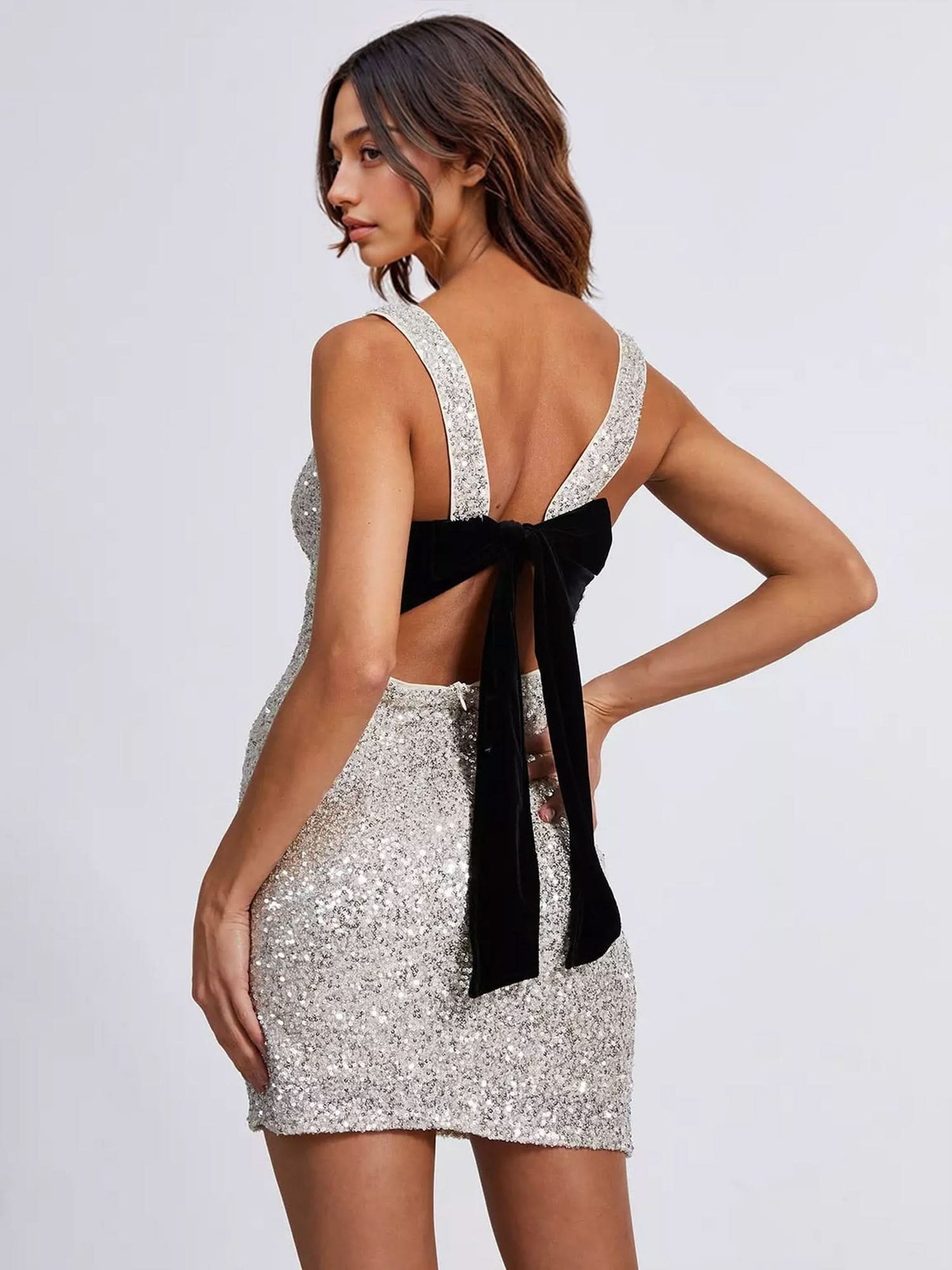 Women's Cocktail Sequin Open Back Bow Mini Dress