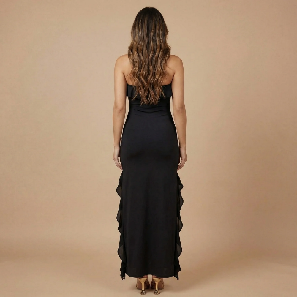 Women's Wedding Guest Strapless Ruffle Maxi Dress