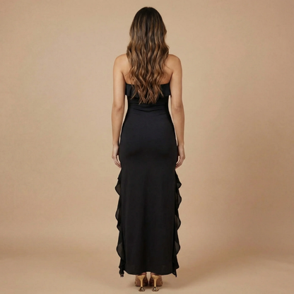Women's Wedding Guest Strapless Ruffle Maxi Dress