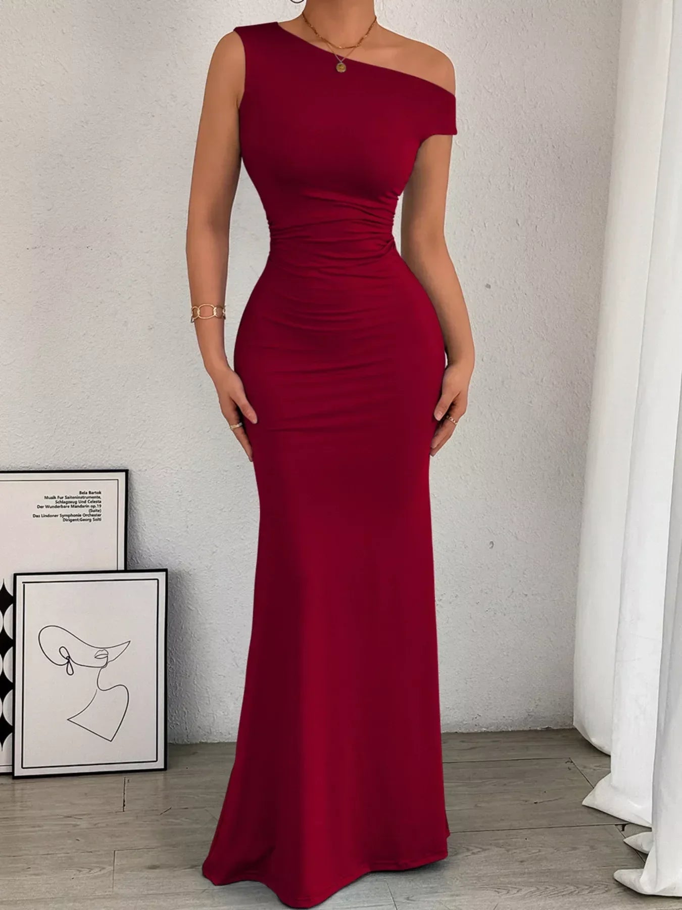 Women's Cocktail One Shoulder Ruched Bodycon Maxi Dress