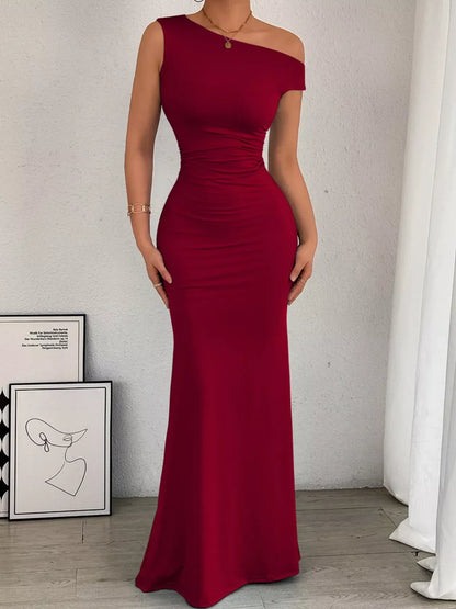 Women's Cocktail One Shoulder Ruched Bodycon Maxi Dress
