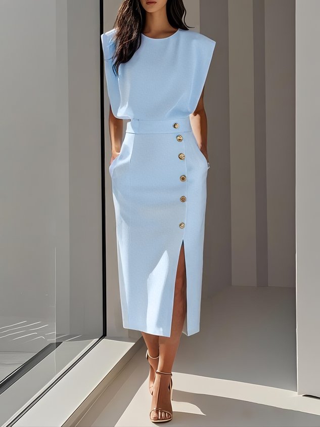 Women's Cocktail Sleeveless Button Detail Midi Dress