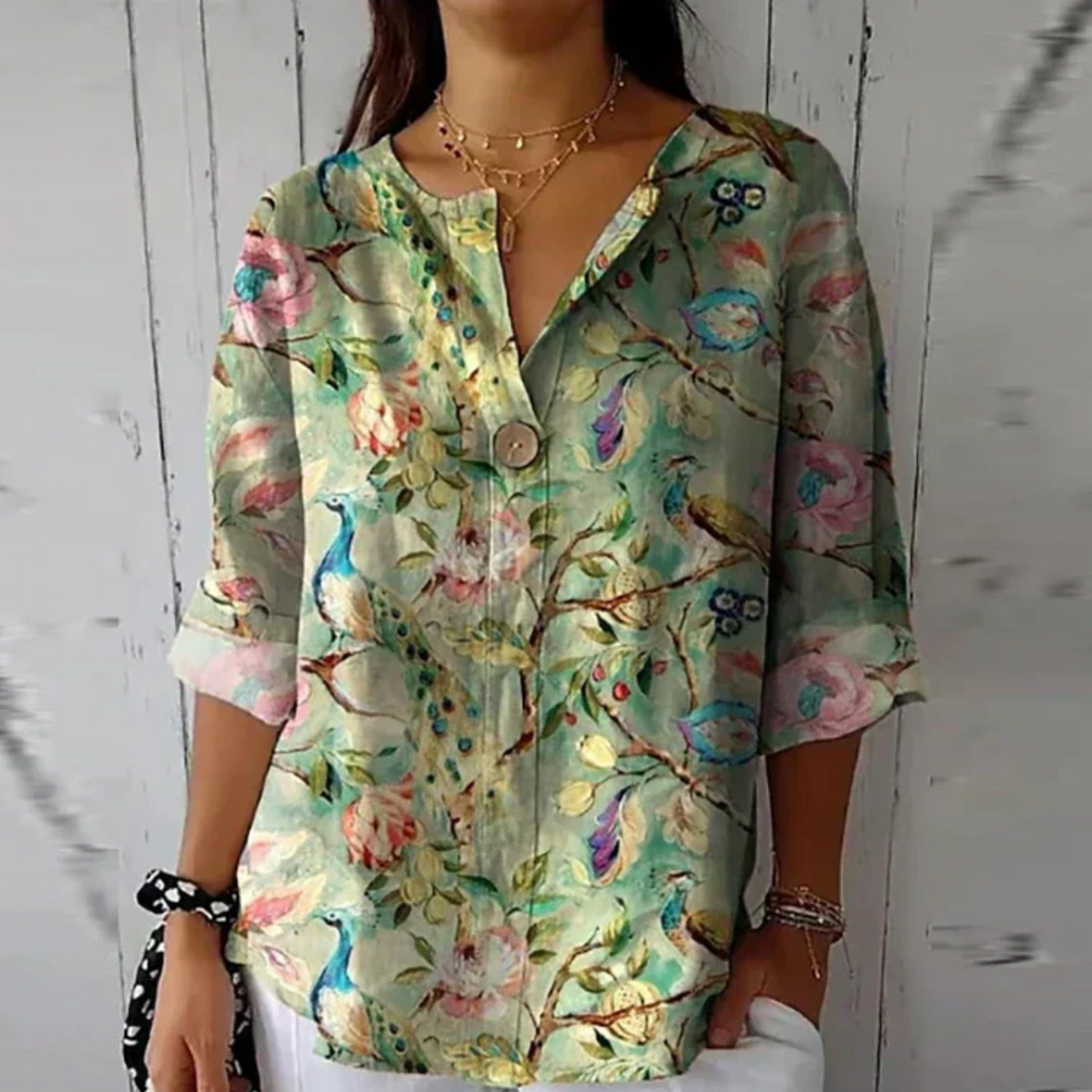 Women's Floral V Neck 3/4 Sleeve Blouse Top