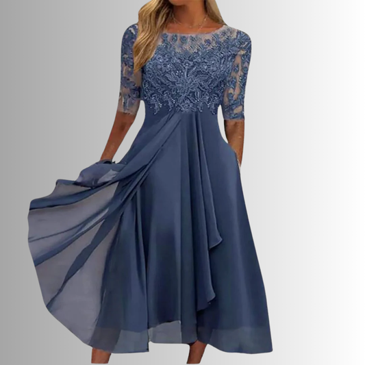Women's Wedding Guest Lace 3/4 Sleeve Midi Dress