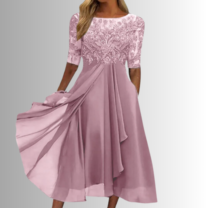 Women's Wedding Guest Lace 3/4 Sleeve Midi Dress