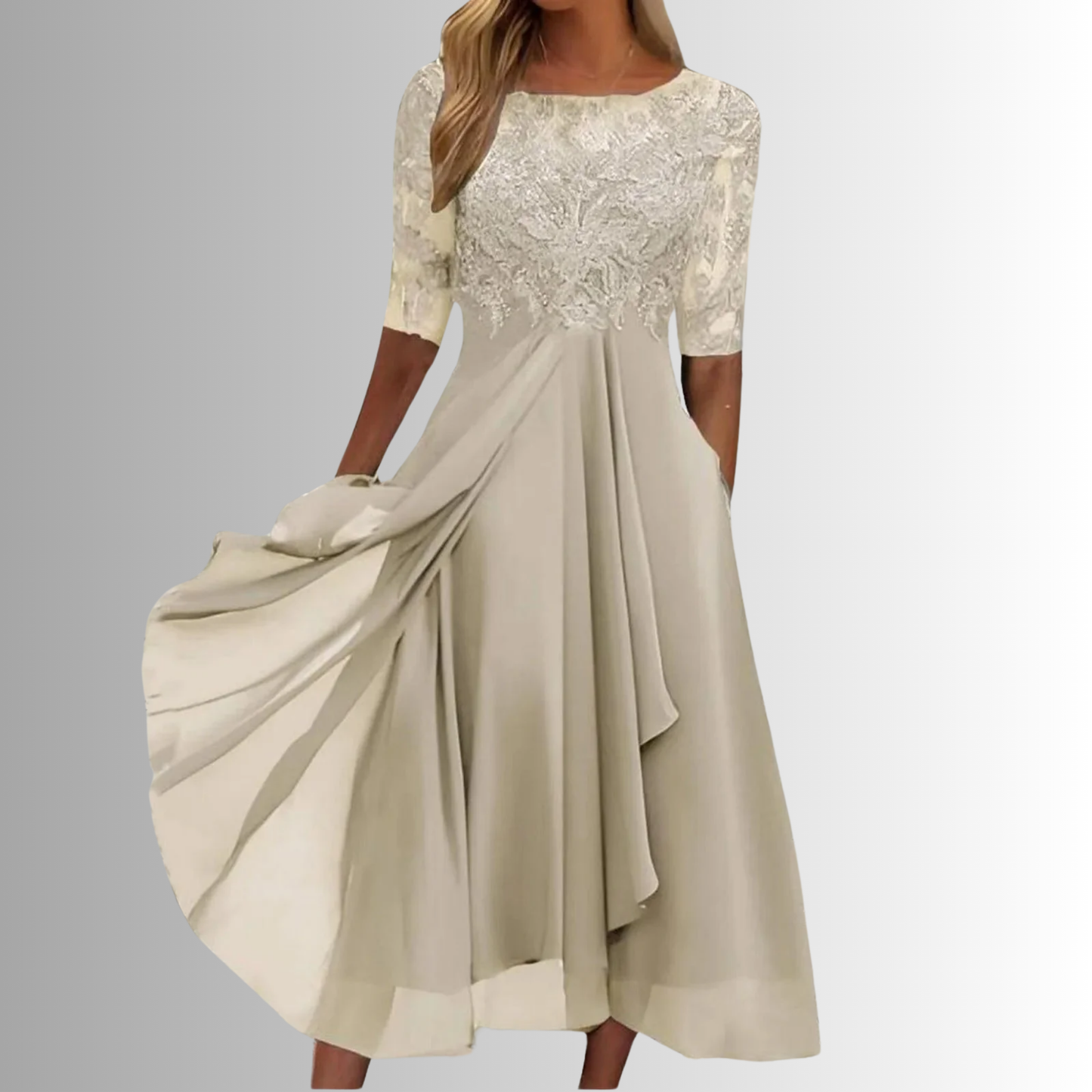 Women's Wedding Guest Lace 3/4 Sleeve Midi Dress