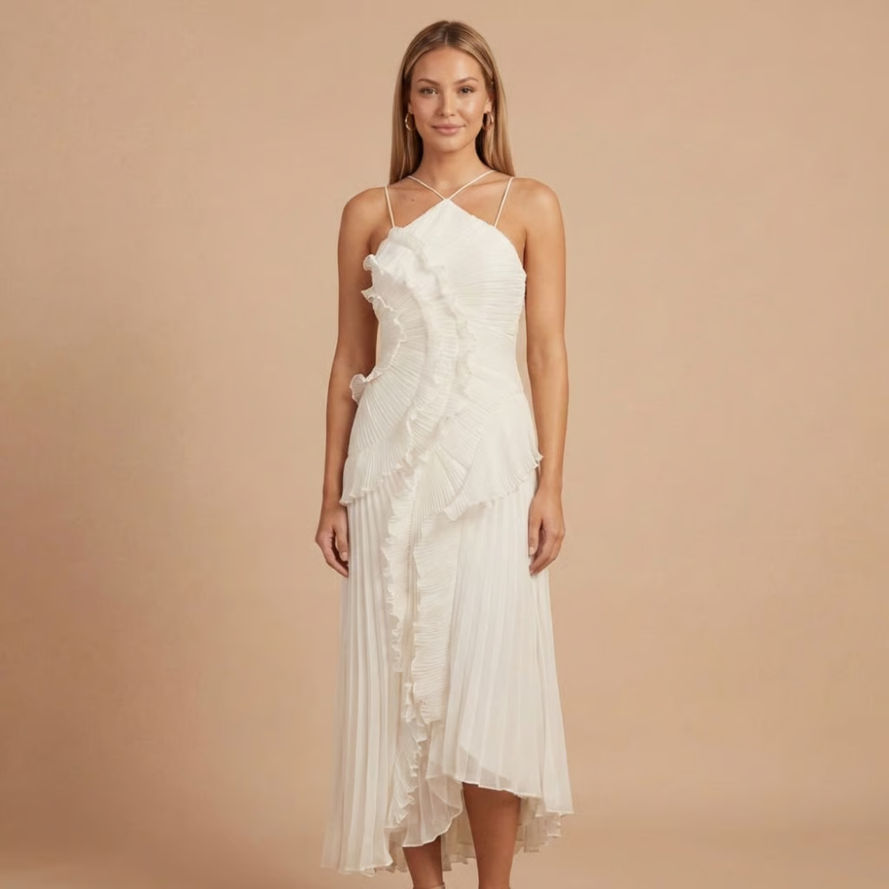 Women's Wedding Guest Halter Ruffle Maxi Dress