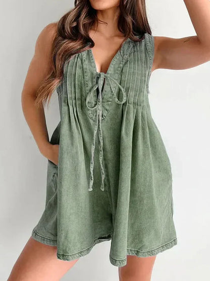 Women's Summer V Neck Sleeveless Denim Romper With Pockets