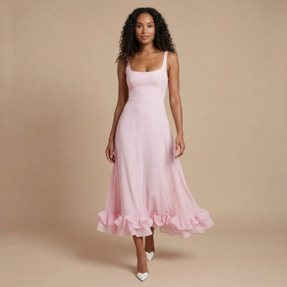 Women's Cocktail Square Neck Ruffle Hem Midi Dress