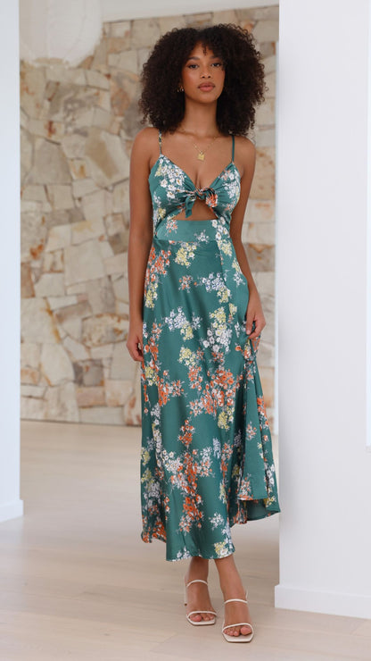 Women's Wedding Guest Floral Tie Front Midi Dress