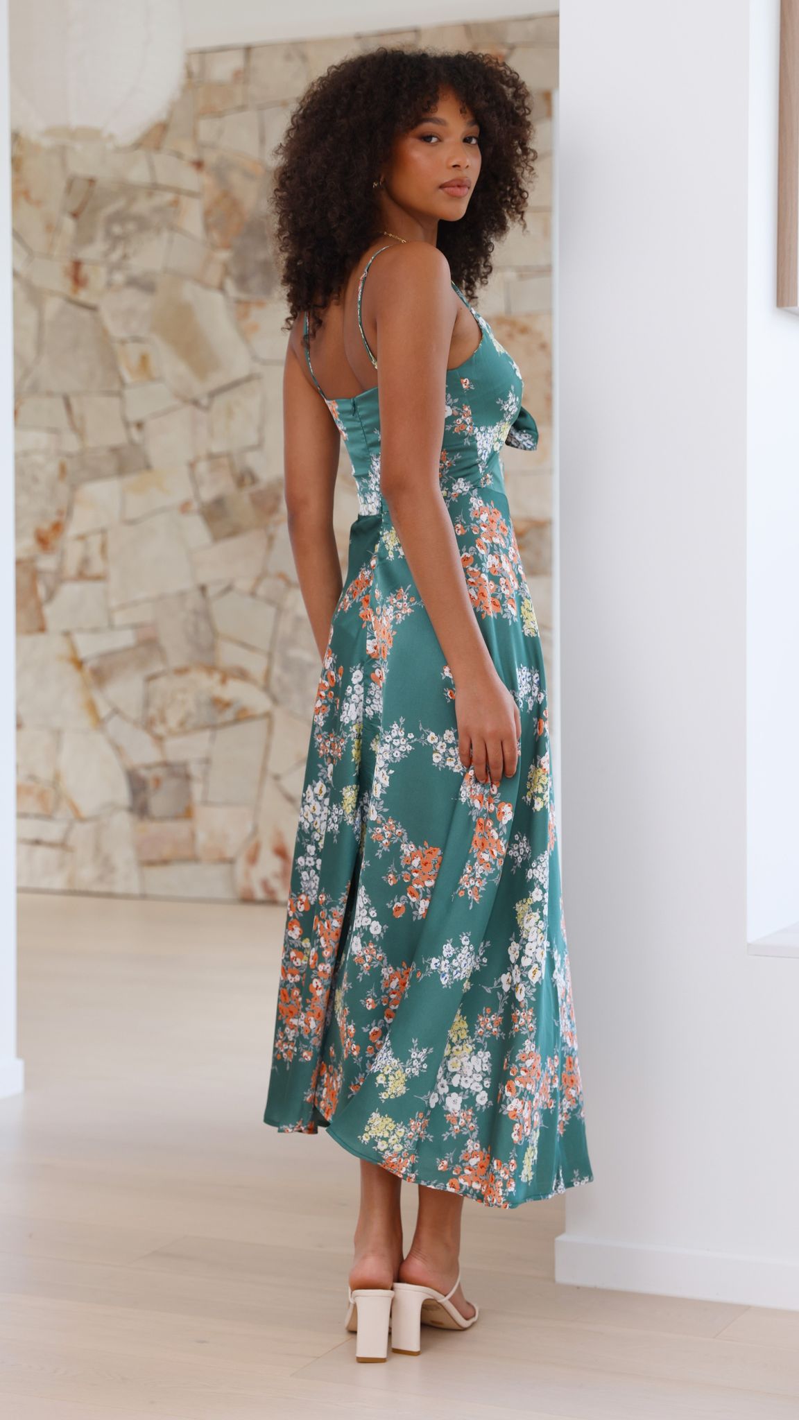 Women's Wedding Guest Floral Tie Front Midi Dress
