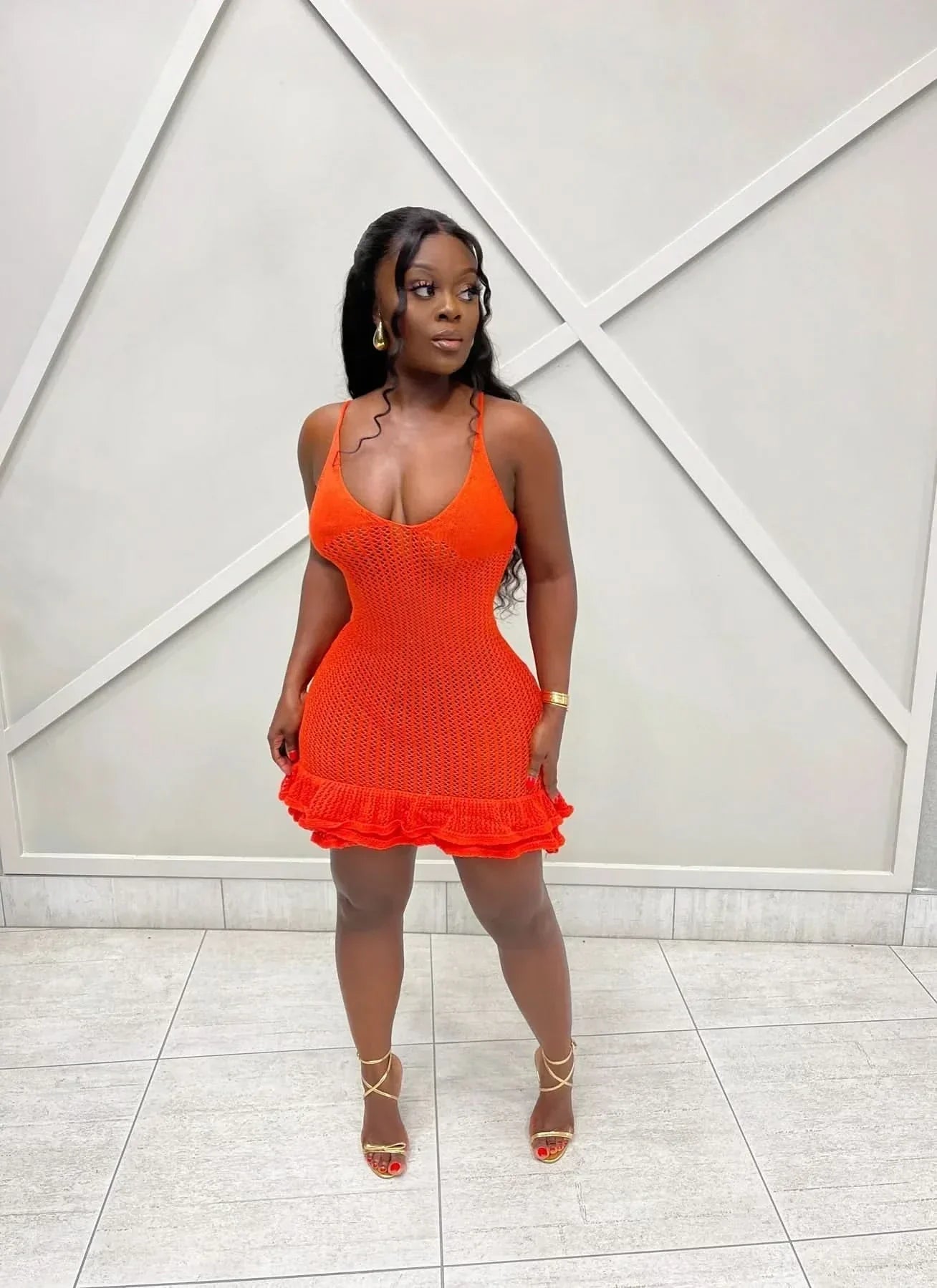 Women's Summer Crochet Scoop Neck Ruffle Mini Dress