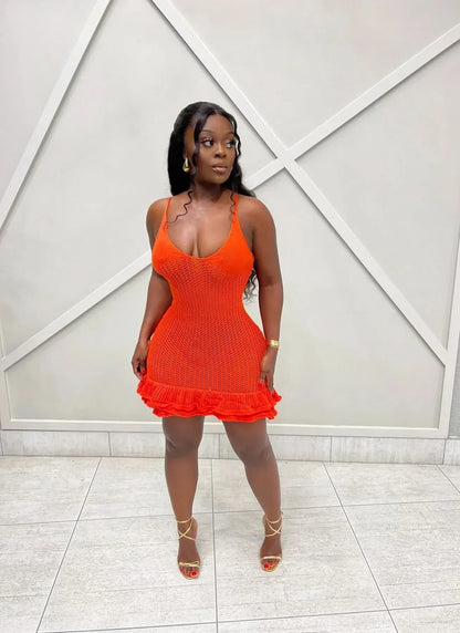 Women's Summer Crochet Scoop Neck Ruffle Mini Dress