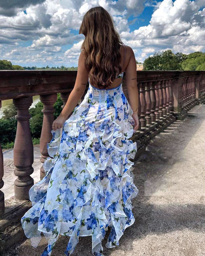 Women's Wedding Guest Floral Sweetheart Maxi Ruffle Dress