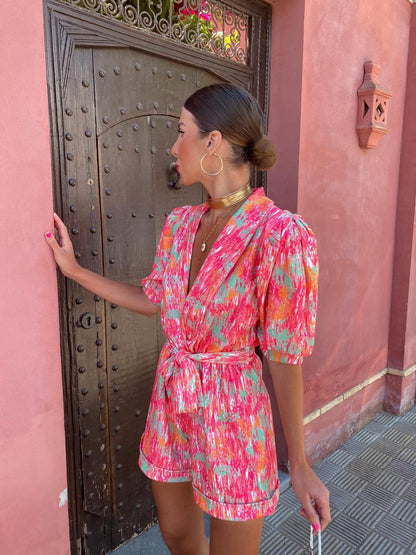 Women's Summer Printed V Neck Puff Sleeve Romper