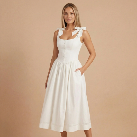 Women's Wedding Guest Bow Square Neck Midi Dress