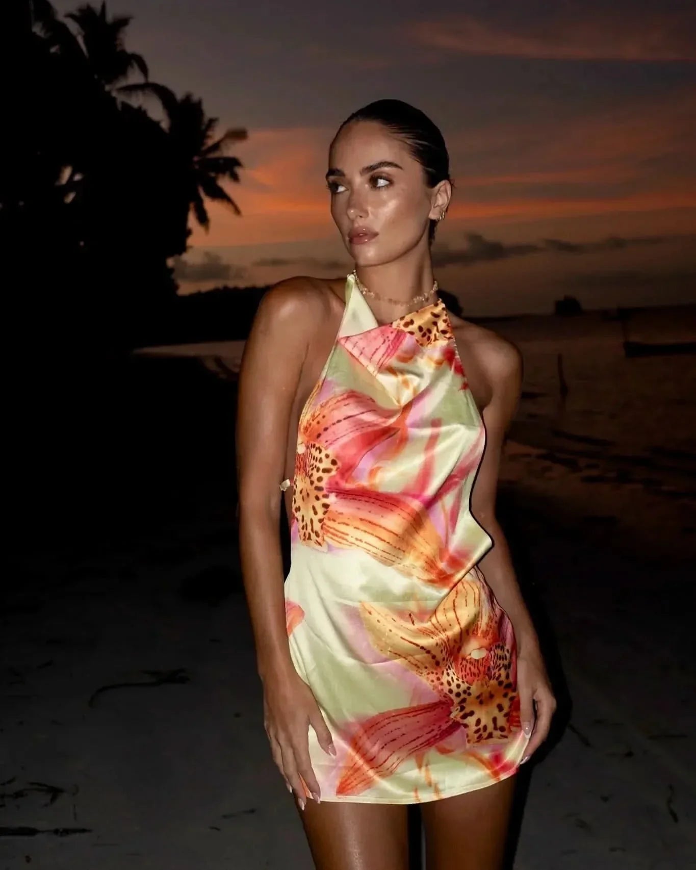 Women's Cocktail Floral Halter Backless Mini Dress