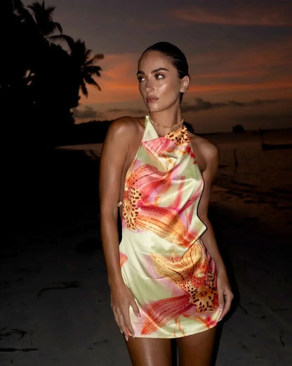 Women's Cocktail Floral Halter Backless Mini Dress