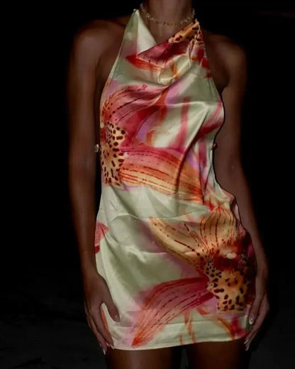 Women's Cocktail Floral Halter Backless Mini Dress