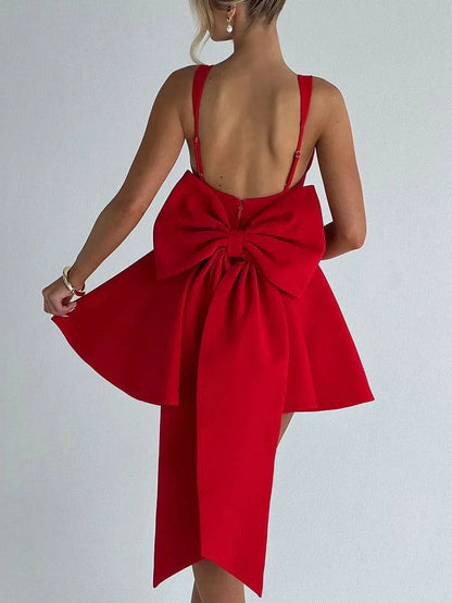 Women's Cocktail Bow Mini Square Neck Skater Dress